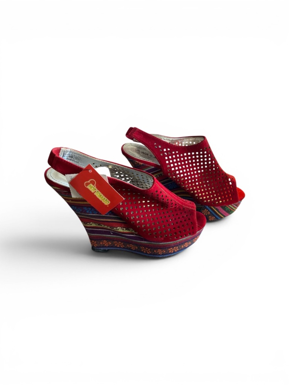 Hot Tomato Red Perforated Slingback Wedge Sandals with Patterned Platform